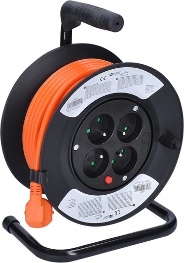 Cable alargador Solight en carrete de 15 m con 4 tomas, naranja