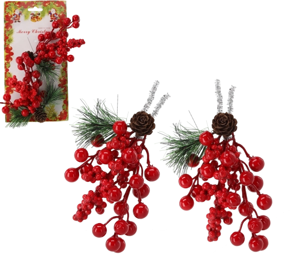 Ramitas decorativas con bayas de serbal y piñas, set de 2 uds.