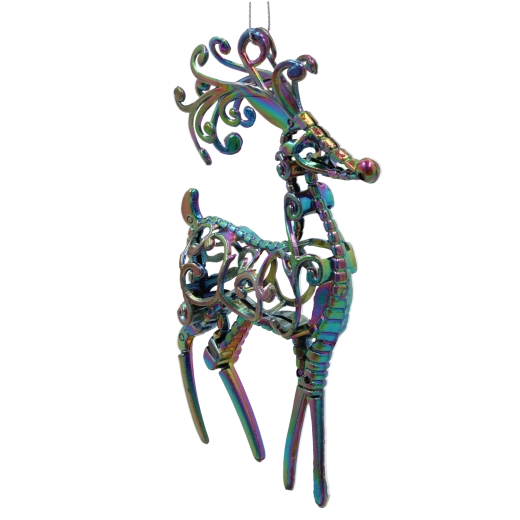 Adorno navideño colgante de reno con efecto iridiscente arcoíris 10 × 16 cm