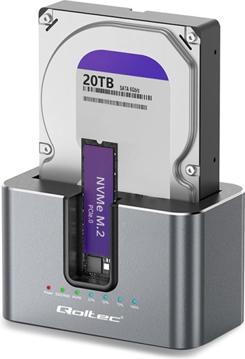 Estación de acoplamiento Qoltec 2 en 1 para HDD/SSD SATA y M.2 NVMe con clonación, USB‑C 10 Gb/s