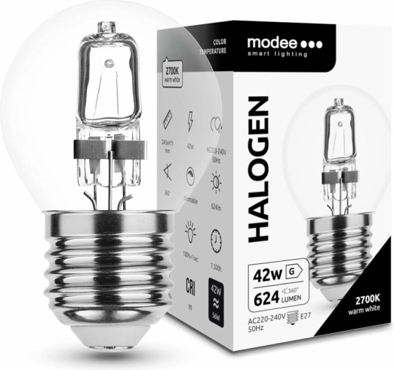 Bombilla halógena Modee Mini Globe 42 W E27, 624 lm, blanco cálido