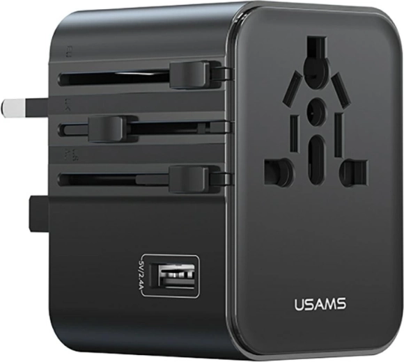 USAMS adaptador y cargador universal de viaje 17 W (2× USB‑C + USB‑A) 4 en 1 US/AU/EU/UK, negro