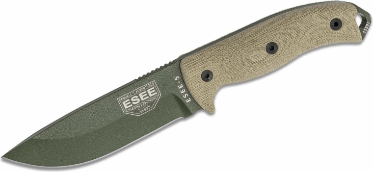 Cuchillo de exterior ESEE Model 5, 13,3 cm, verde, Micarta, funda Kydex