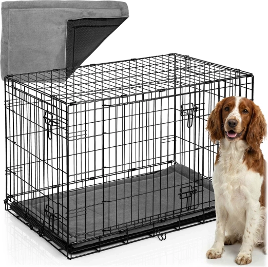 Jaula de transporte metálica para perro con colchón 91 × 57 × 62 cm, tamaño M