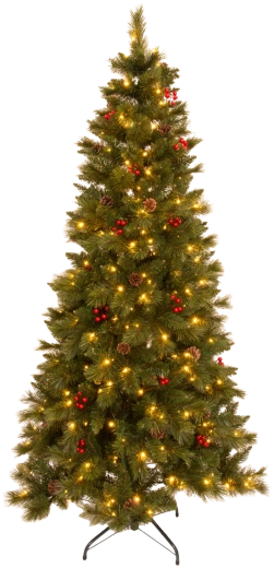 Árbol de Navidad artificial 180 cm verde con serbal, piñas e iluminación LED
