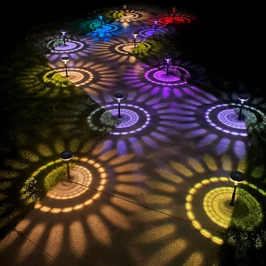 Lámpara solar de estaca con iluminación LED blanca cálida y RGB, negra
