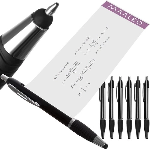 Juego de 6 bolígrafos con nota retráctil y stylus, negro y azul