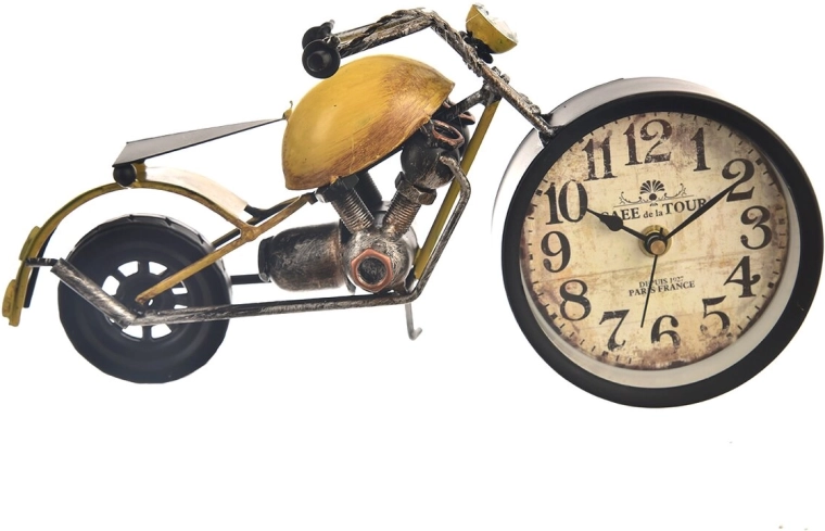 Reloj de mesa metálico con forma de motocicleta