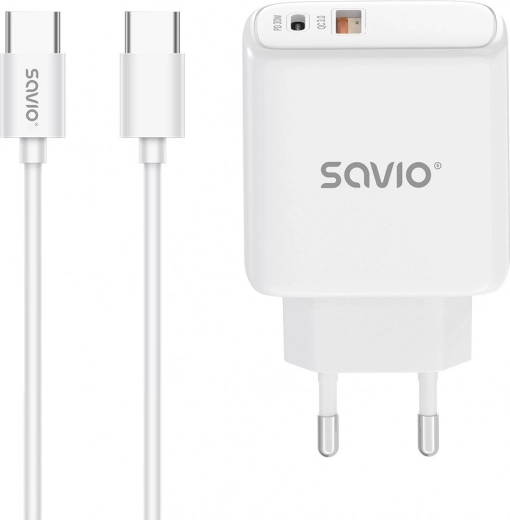 Cargador de red 30 W con USB‑C PD y USB‑A QC + cable USB‑C – Savio
