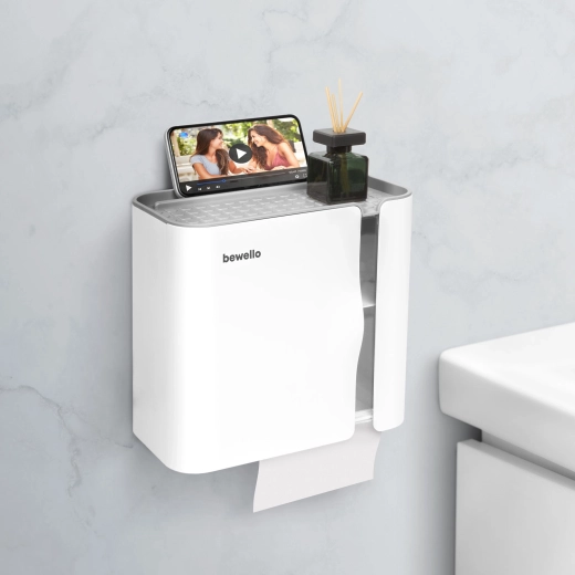 Soporte de pared para papel higiénico con estante, blanco