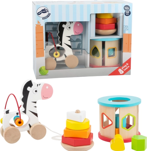 Small Foot conjunto de juguetes de madera 3 en 1 con cebra, encajable y pirámide