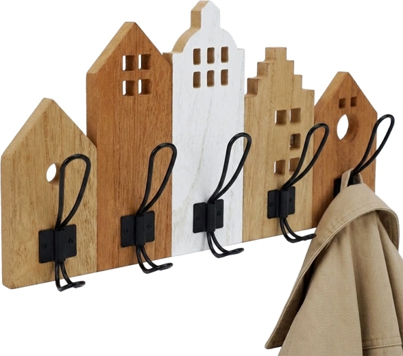 Perchero de pared con motivo de casitas Home Styling Collection 48 × 8 × 26 cm - 1 pieza