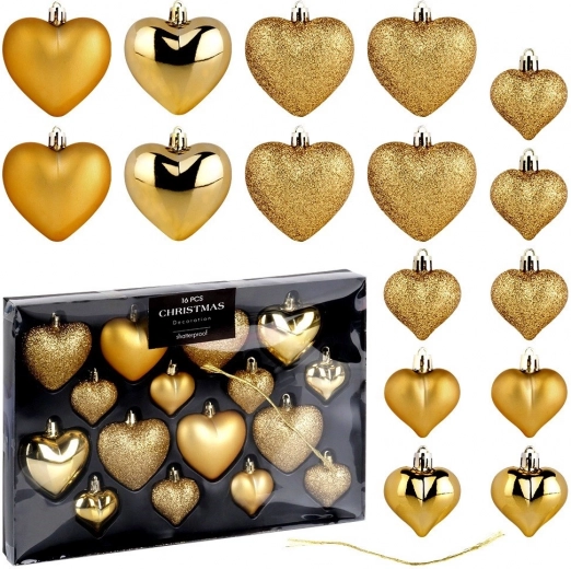Adornos navideños corazones dorados, irrompibles, set de 16 uds (6,5 y 4,5 cm)