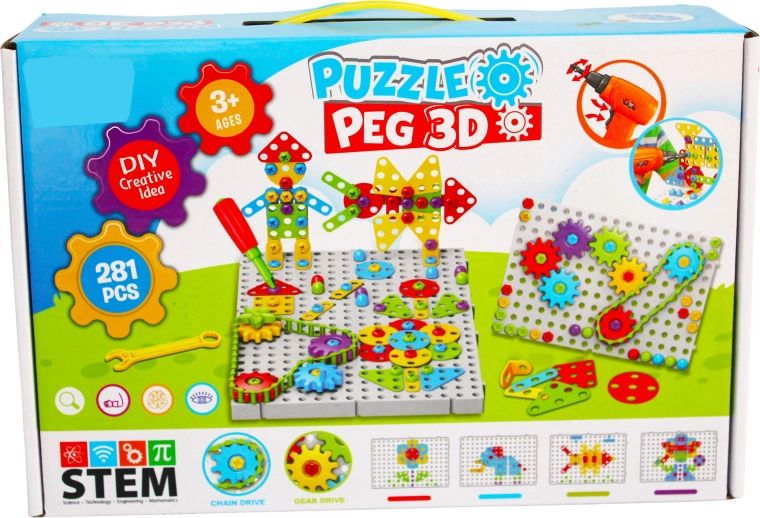 Kit de construcción 3D creativo con taladro infantil Puzzle Peg (281 piezas)