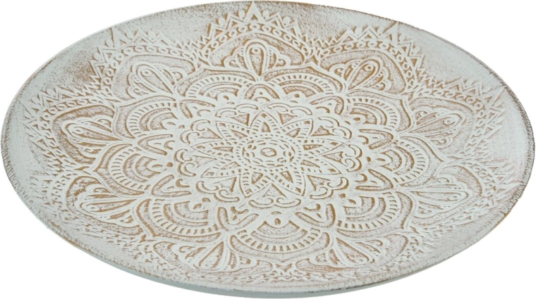 Bandeja redonda decorativa de madera blanca con detalles dorados 40 cm