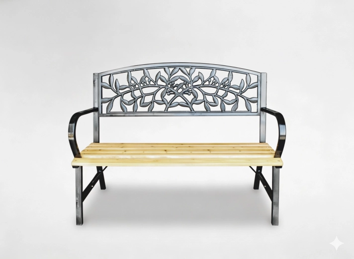 Banco de jardín 120 × 56 × 89 cm, madera y acero, decoración de hojas