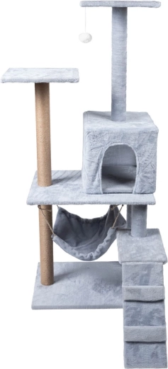 Rascador para gatos con casita, cama y escalones, 4 niveles, gris