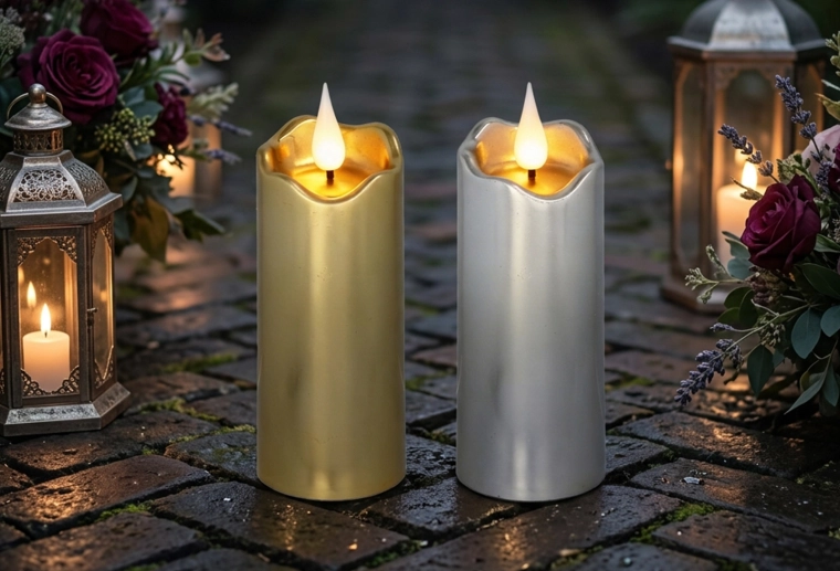 Vela LED 5 × 13 cm en color dorado y plateado