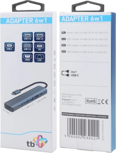 Adaptador HUB USB-C 6 en 1 - HDMI, 3x USB, PD, RJ-45