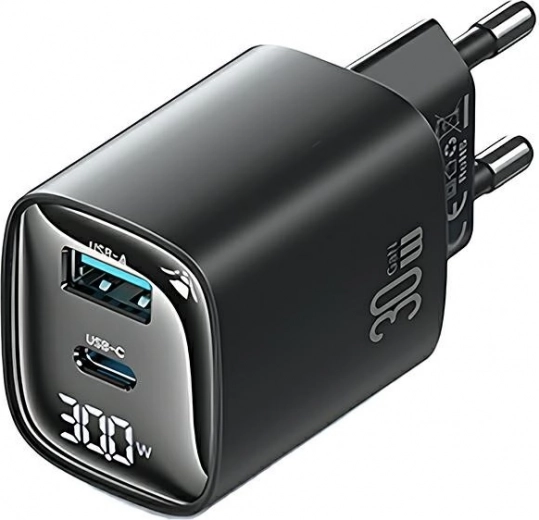 Cargador de red 30W GaN con pantalla LED USB + USB‑C USAMS CC229, negro