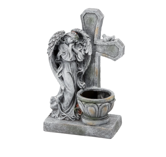 Estatua de ángel con cruz y macetero 21,5 × 14 × 35,5 cm