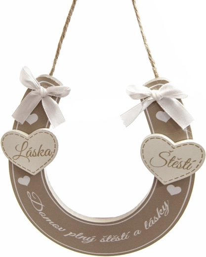 Decoración de madera en forma de herradura beige con el texto «Hogar lleno…» 14 × 14 cm