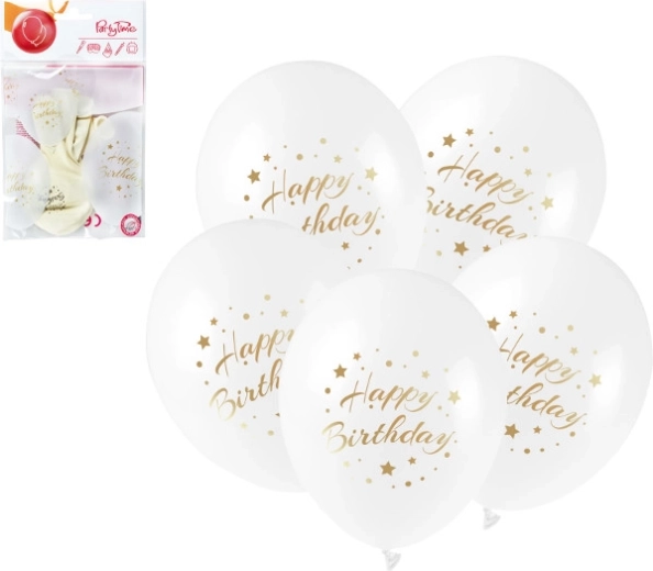 Globos de látex Happy Birthday con impresión dorada 28 cm, 5 uds
