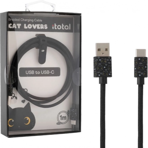 Cable de carga USB‑C con gatito negro y correa de silicona para ajustar la longitud