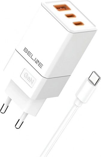 Cargador de red GaN 65 W 2x USB‑C + USB‑A con cable USB‑C – Blanca