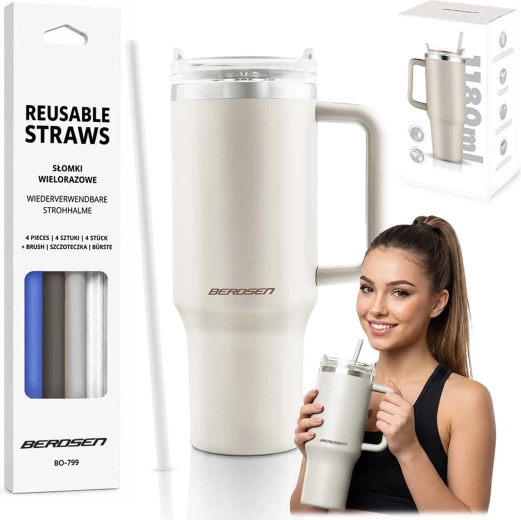Taza termo de vacío Berdsen 1180 ml con juego de pajitas, color crema