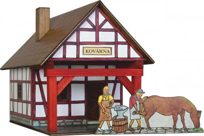 Maqueta de madera de una herrería con entramado