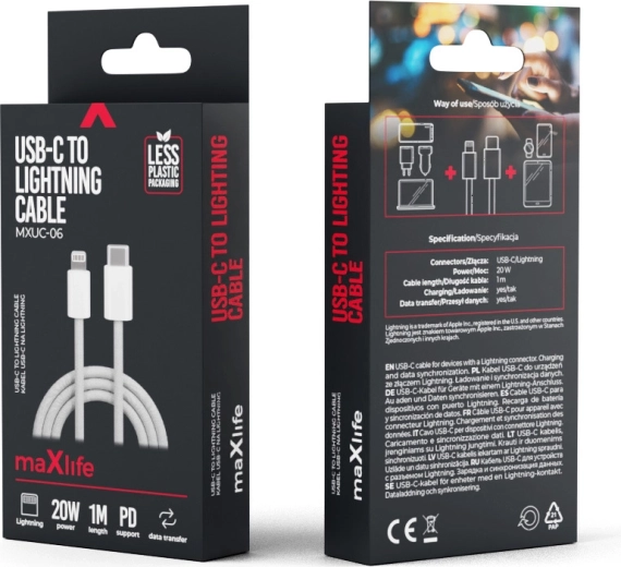 Cable de nylon Maxlife USB‑C – Lightning 1 m, 20 W, gris