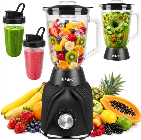 Batidora de smoothie de sobremesa Ruhhy 1200 W con jarra de vidrio y 2 botellas de viaje
