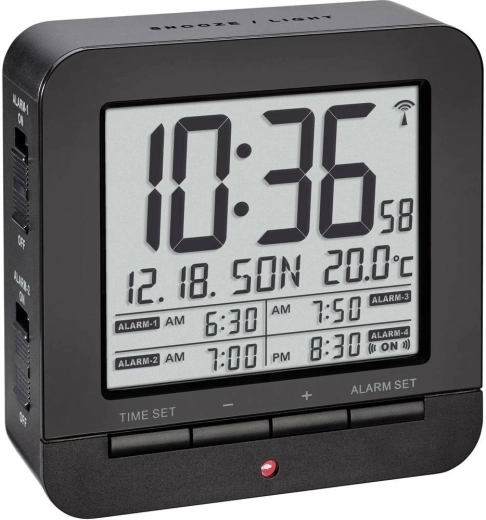 Despertador digital TFA controlado por radio con cuatro alarmas, negro