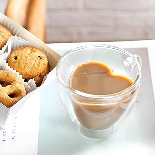 Taza de vidrio con forma de corazón 250 ml con doble pared, vidrio de borosilicato resistente al calor