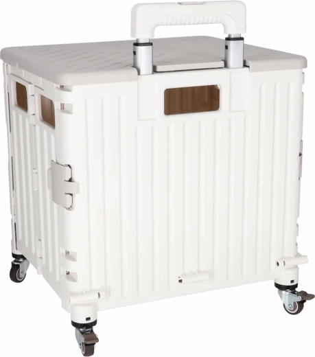 Capacidad de 45 l, tapa y base estable sobre 4 ruedas