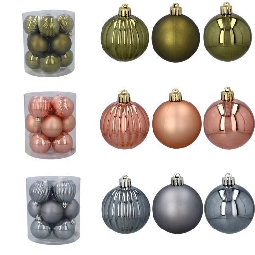 Set de 12 adornos navideños de 5 cm – oliva, cobrizo y grafito