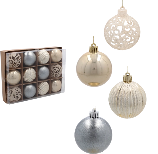 Juego de bolas navideñas de 6 cm en tonos champán, gris y blanco – 12 uds.