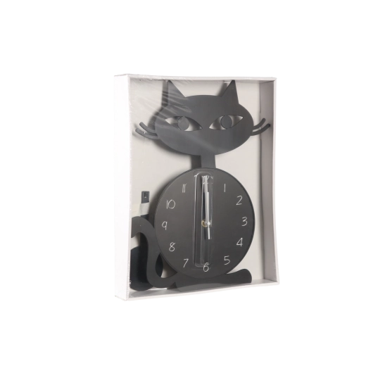 Reloj de pared colgante con forma de gato y péndulo, negro