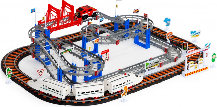 Set eléctrico de ciudad: tren y coche a pilas, 2 circuitos, 108 piezas
