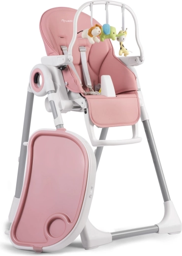 Silla de comer multifuncional Nukido Belo con bandeja y barra de juegos con juguetes, rosa