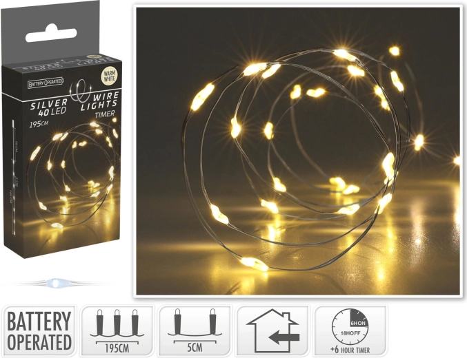 Guirnalda LED navideña 1,95 m, blanco cálido, con cable de alambre