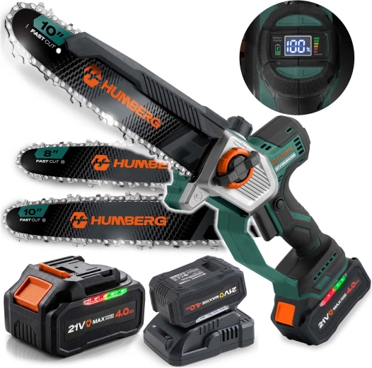 Motosierra de cadena a batería Humberg HM-437 21 V 4,0 Ah con espada de 10" y 8"