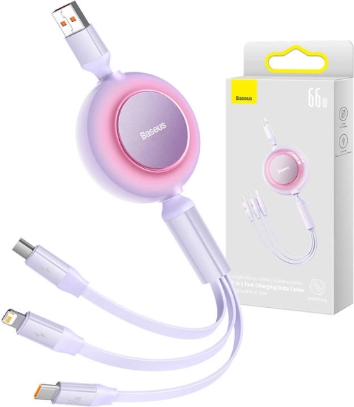Baseus Bright Mirror cable USB 3 en 1 para micro USB, USB‑C y Lightning 66W 1,1 m – Morado