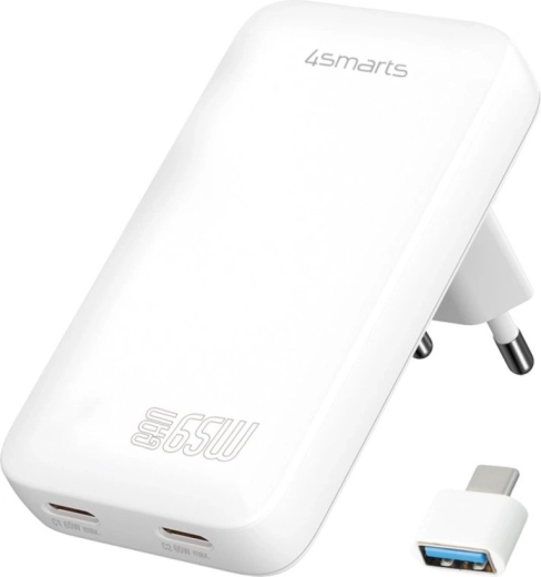Cargador de pared 4smarts FlatPlug 65W GaN, 2× USB‑C, blanco