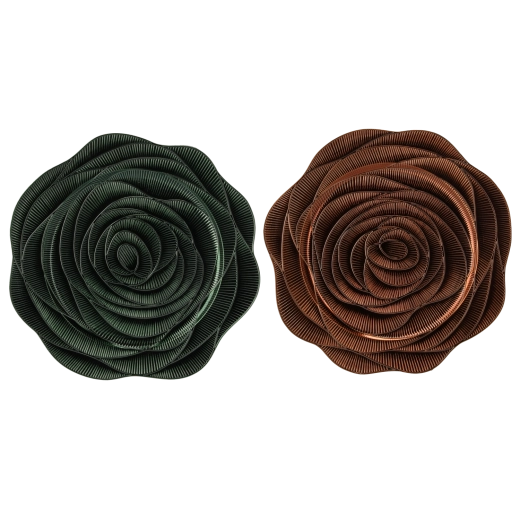 Bajoplato redondo con decoración de imitación de rosa en verde y cobre - set de 6 uds.