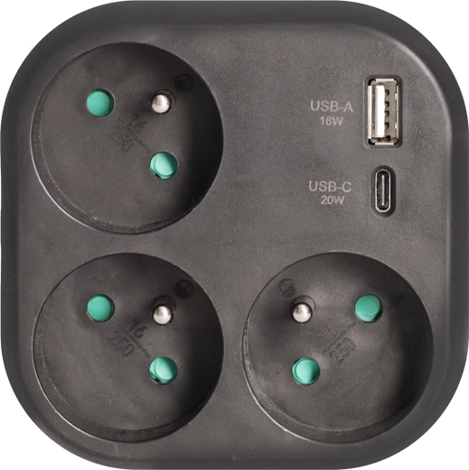 Regleta Solight con 3 tomas y cargador rápido USB-A/USB-C 20 W PD, negra
