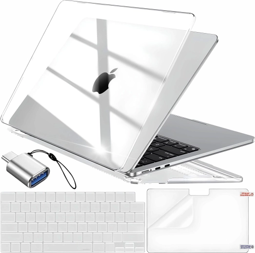 Renew Force funda protectora transparente para MacBook Air 13,6" (M2 2022 / M3 2024 / M4 2025) con cubierta de teclado, lámina para la pantalla y adaptador USB‑C a USB 3.0 - 1 unidad