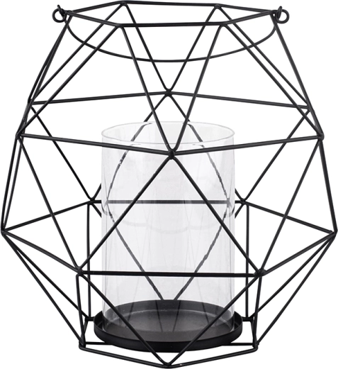 Candelabro geométrico de metal con asa e inserto de vidrio 22 × 22 × 22 cm, negro