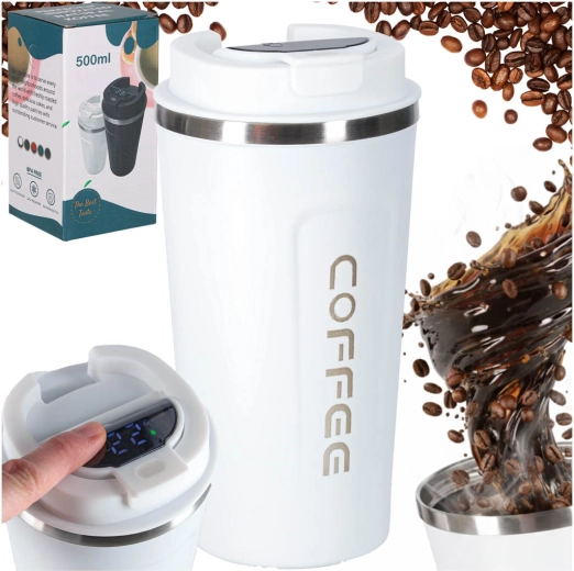 Taza térmica de viaje con boquilla y pantalla LED 500 ml blanca
